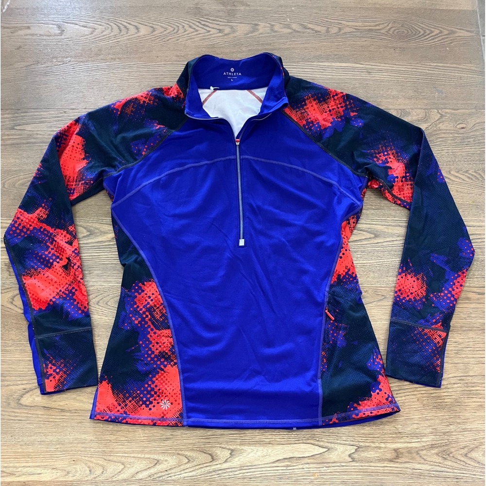 Athleta Womens L Blue Red Abstract Print 1/2 Zip Pullover Thumbhole Active Top